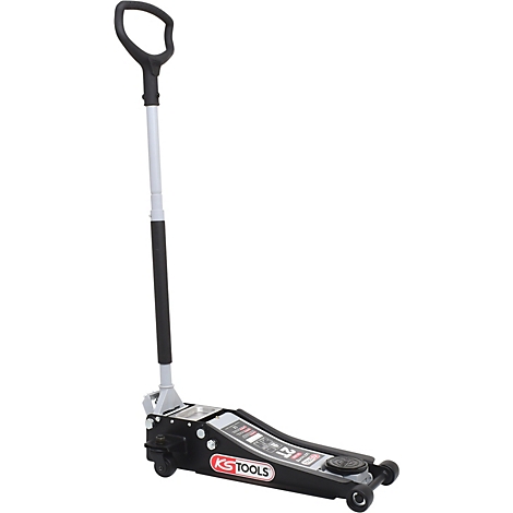 Schwarzer hydraulischer Wagenheber mit silbernem Griff. Aufdruck: KS TOOLS.